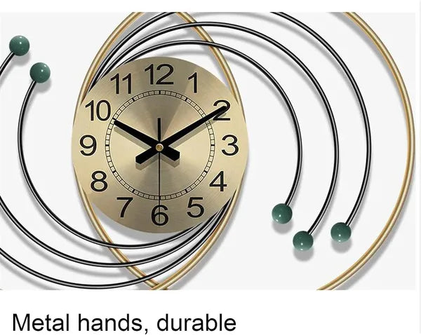 Gold And Brown Modern Decorative Wall Clock With D Metal Rings And Wooden Ball Accents