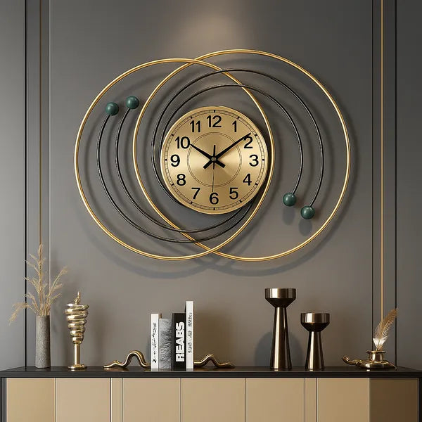 Gold And Brown Modern Decorative Wall Clock With D Metal Rings And Wooden Ball Accents