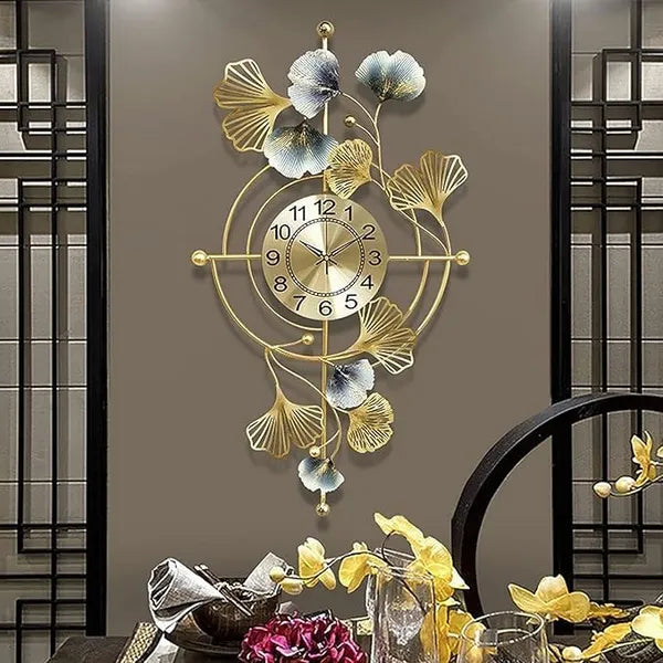 Gold Luxuryginkgo Leaf Wall Clockdecorative Metal Art Timepiece