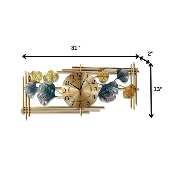 Gold Decorative Metal Wall Clock Withginkgo Leaf Design
