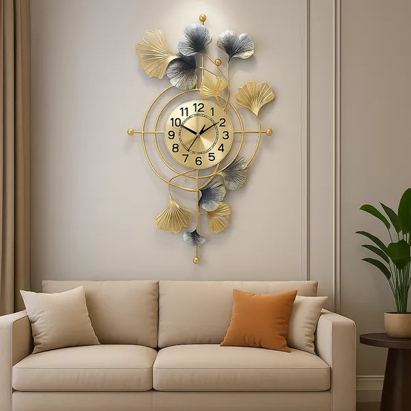 Gold Luxuryginkgo Leaf Wall Clockdecorative Metal Art Timepiece