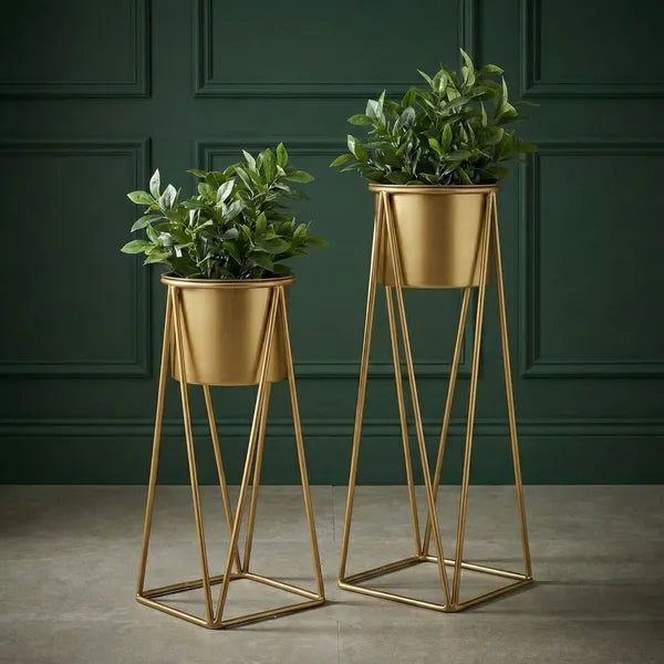 Gold Set Of Toned Metal Plant Stands With Hairpin Legs