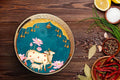 Gold Decorative Round Serving Tray With Sacred Cow And Lotus Design