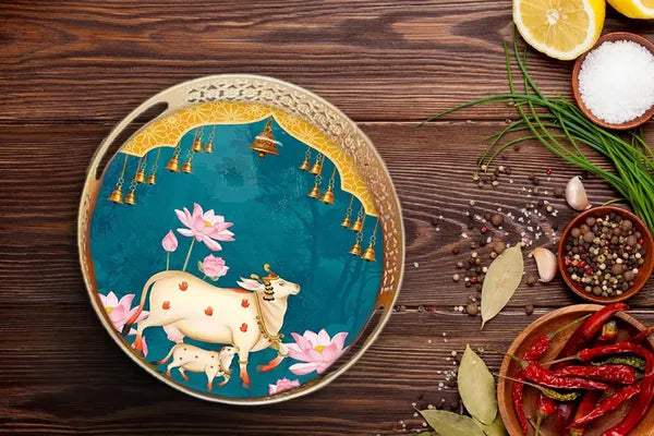 Gold Decorative Round Serving Tray With Sacred Cow And Lotus Design