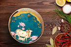 Gold Decorative Round Serving Tray With Sacred Cow And Lotus Design