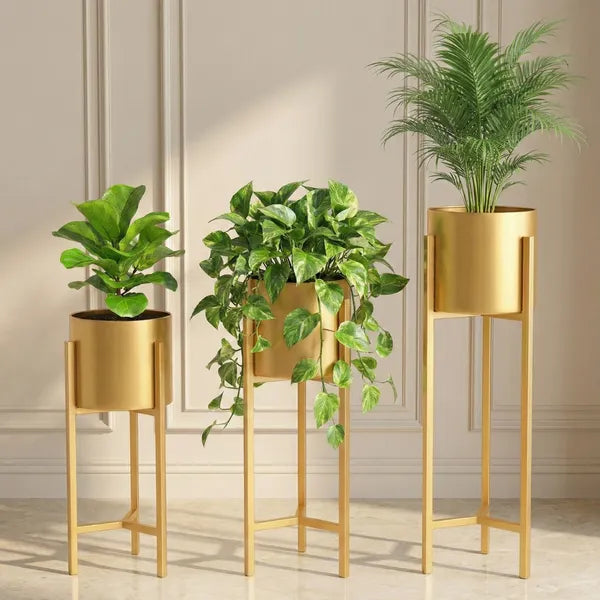 Banjara Decor Gold Finish Metal Plant Stands With Cylindrical Planters