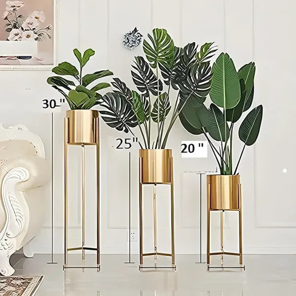 Gold Modern Metal Plant Stand With Cylindrical Pot