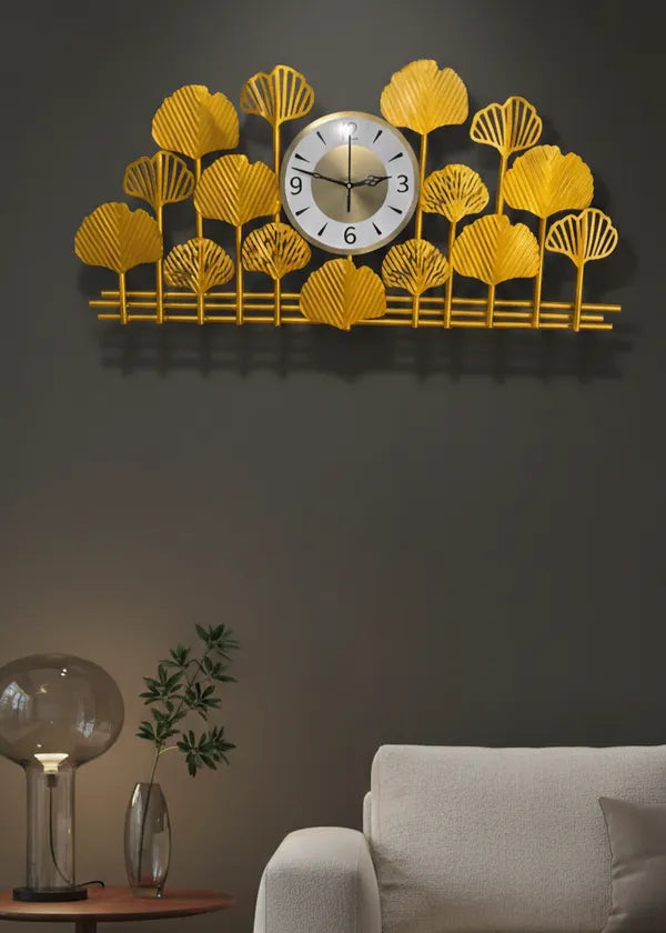 Gold Ginkgo Leaf Wall Clock With Decorative Metal Art