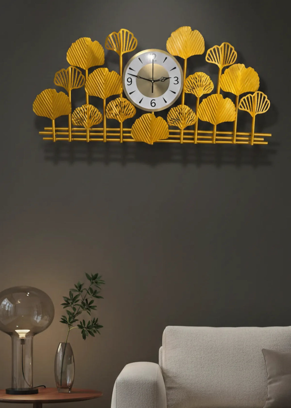 Gold Ginkgo Leaf Wall Clock With Decorative Metal Art