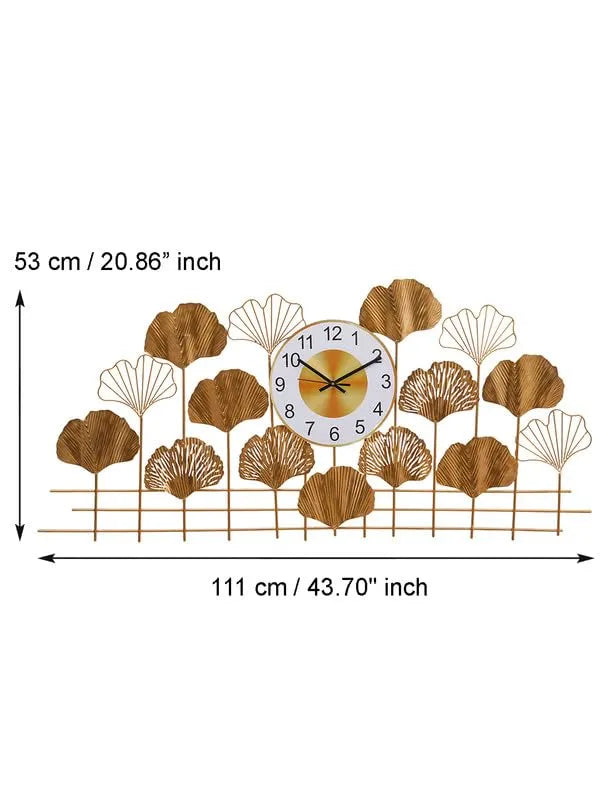 Gold Ginkgo Leaf Wall Clock With Decorative Metal Art