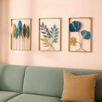Gold Piece Metal Wall Art Set Botanical Leaf  &  Floral Design Withframe