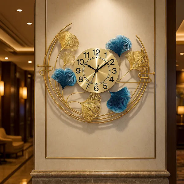 Gold And Blue Luxury Ginkgo Leaf Wall Clock & Metal Art Decor