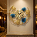 Gold And Blue Luxury Ginkgo Leaf Wall Clock & Metal Art Decor