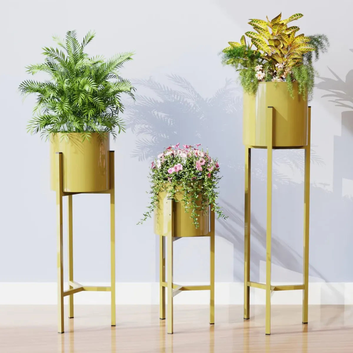 Gold Metal Plant Stands With Cylindrical Planters