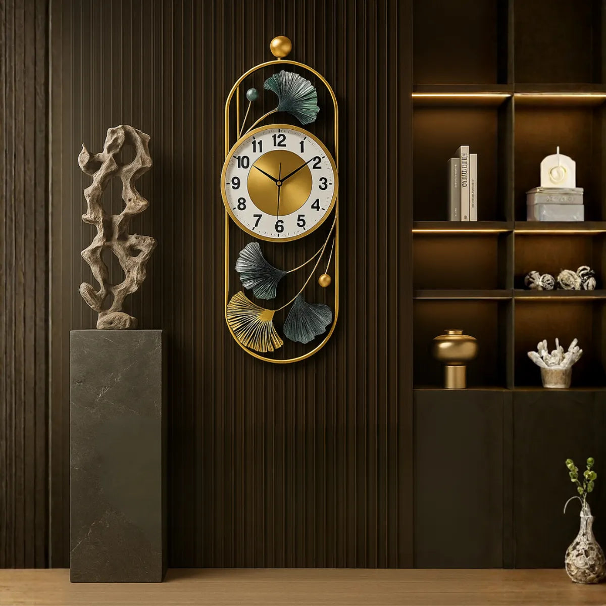 Gold And Silver Ginkgo Leaf Wall Clock With Decorative Metal Frame