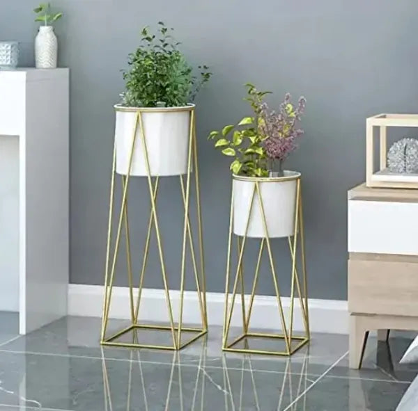 Gold And Blue-Green Modern Metal Plant Stand With Ceramic Pot