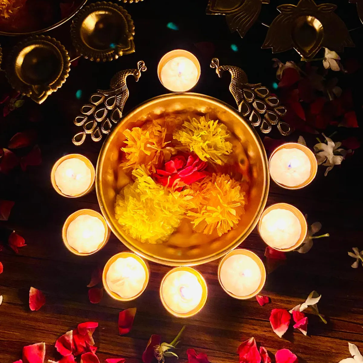 Gold Decorative Brass Diya Set With Floating Flowers And Candles