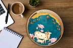 Gold Decorative Round Serving Tray With Sacred Cow And Lotus Design
