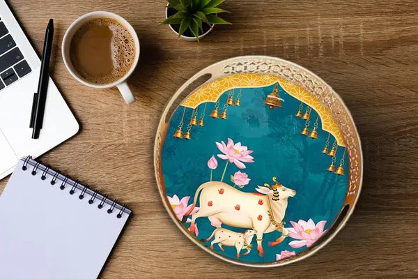 Gold Decorative Round Serving Tray With Sacred Cow And Lotus Design
