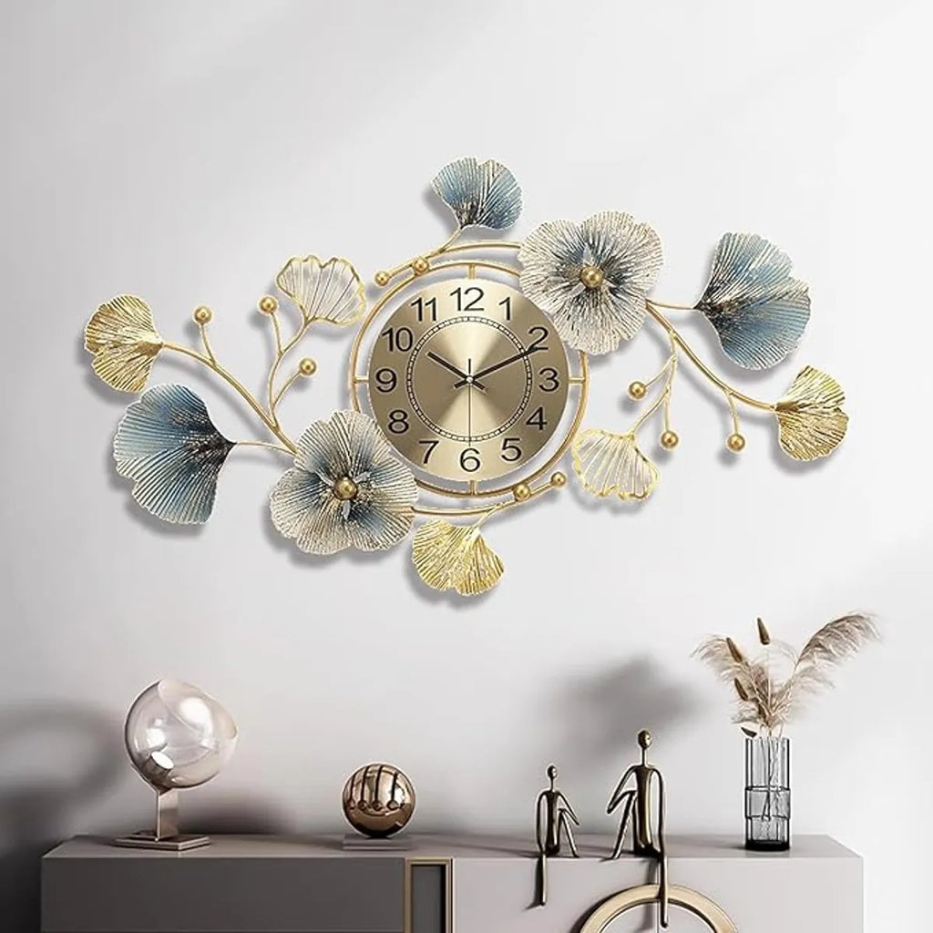 Gold And Blue Decorative Ginkgo Leaf Wall Clock & Floral Design