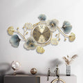 Gold And Blue Decorative Ginkgo Leaf Wall Clock & Floral Design