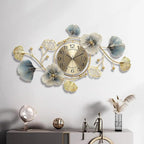 Gold And Blue Decorative Ginkgo Leaf Wall Clock & Floral Design