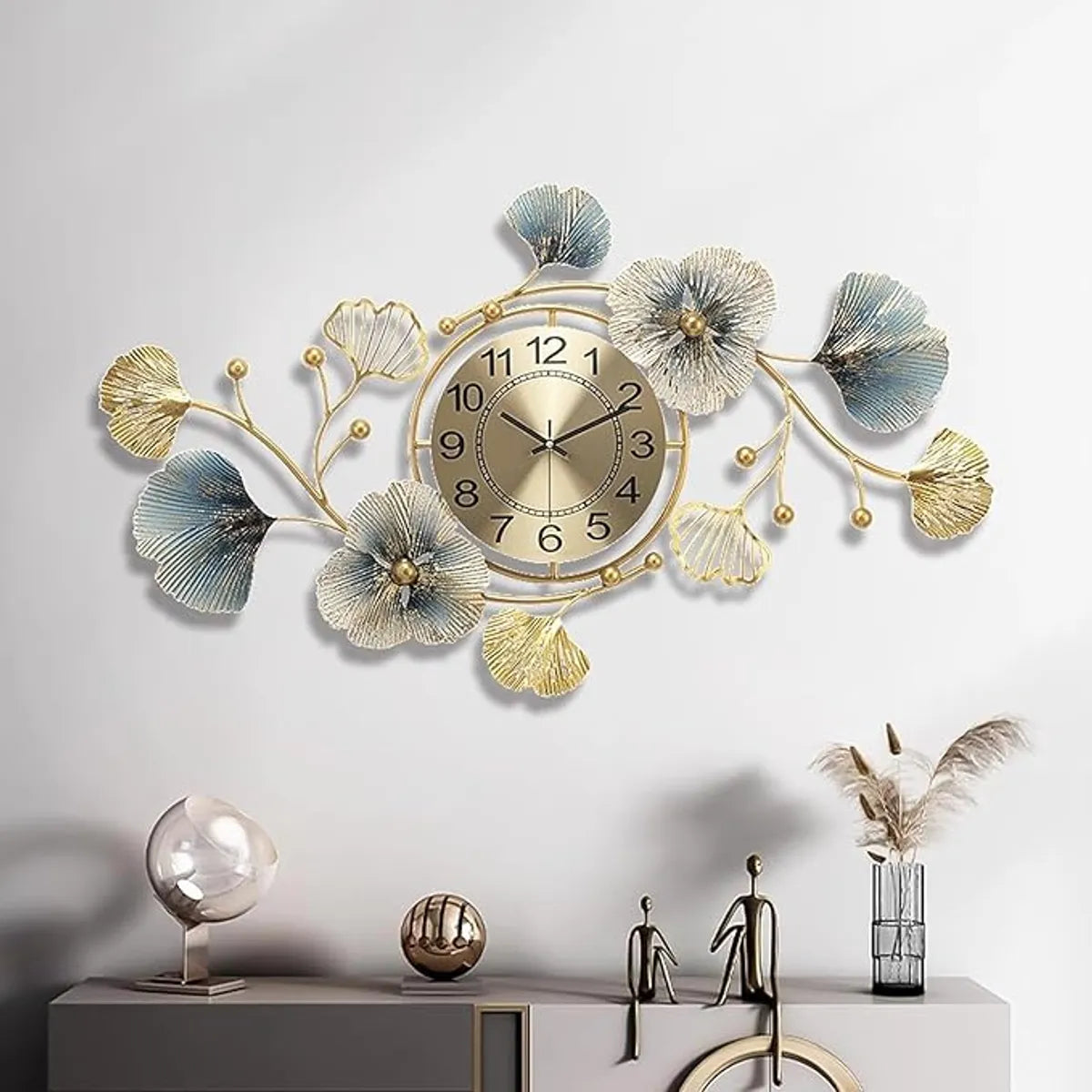 Gold And Blue Decorative Ginkgo Leaf Wall Clock & Floral Design