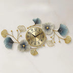 Gold And Blue Decorative Ginkgo Leaf Wall Clock & Floral Design