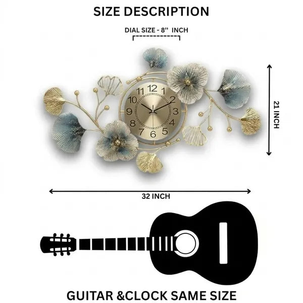 Gold And Blue Decorative Ginkgo Leaf Wall Clock & Floral Design
