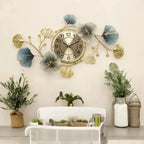 Gold And Blue Decorative Ginkgo Leaf Wall Clock & Floral Design