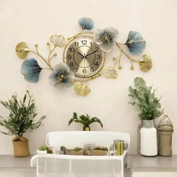 Gold And Blue Decorative Ginkgo Leaf Wall Clock & Floral Design
