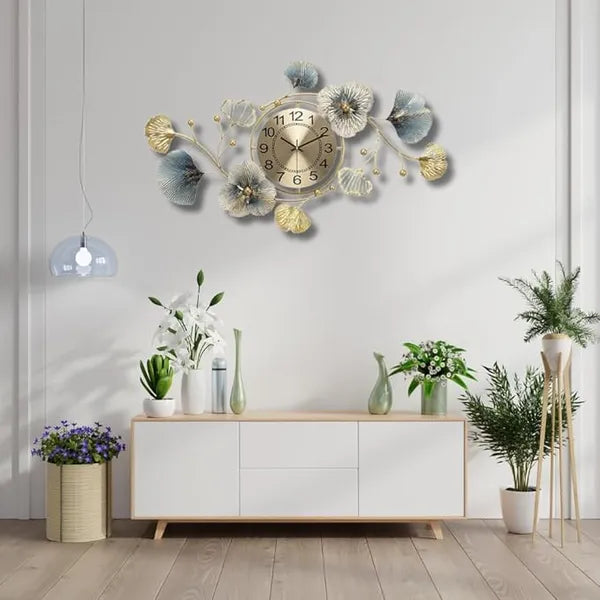 Gold And Blue Decorative Ginkgo Leaf Wall Clock & Floral Design