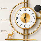Golden Horizon Deer Metal Wall Clock | Luxury Geometric Wall Decor Clock with Deer Accent | Premium Gold Finish Analog Clock for Living Room, Dining Area, Office & Hallway | 75 x 45 cm