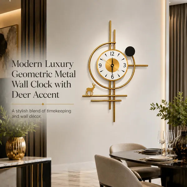 Golden Horizon Deer Metal Wall Clock | Luxury Geometric Wall Decor Clock with Deer Accent | Premium Gold Finish Analog Clock for Living Room, Dining Area, Office & Hallway | 75 x 45 cm