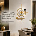 Golden Horizon Deer Metal Wall Clock | Luxury Geometric Wall Decor Clock with Deer Accent | Premium Gold Finish Analog Clock for Living Room, Dining Area, Office & Hallway | 75 x 45 cm
