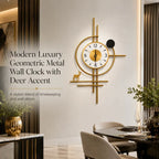 Golden Horizon Deer Metal Wall Clock | Luxury Geometric Wall Decor Clock with Deer Accent | Premium Gold Finish Analog Clock for Living Room, Dining Area, Office & Hallway | 75 x 45 cm