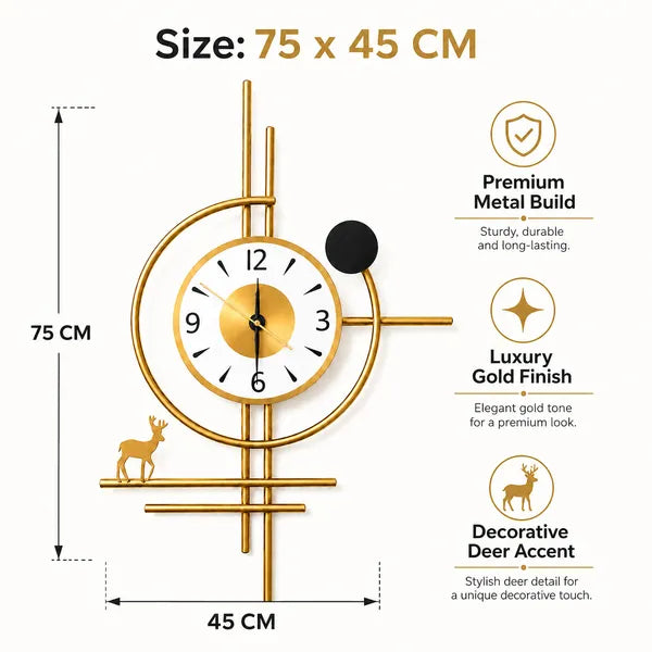 Golden Horizon Deer Metal Wall Clock | Luxury Geometric Wall Decor Clock with Deer Accent | Premium Gold Finish Analog Clock for Living Room, Dining Area, Office & Hallway | 75 x 45 cm