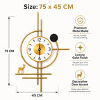 Golden Horizon Deer Metal Wall Clock | Luxury Geometric Wall Decor Clock with Deer Accent | Premium Gold Finish Analog Clock for Living Room, Dining Area, Office & Hallway | 75 x 45 cm