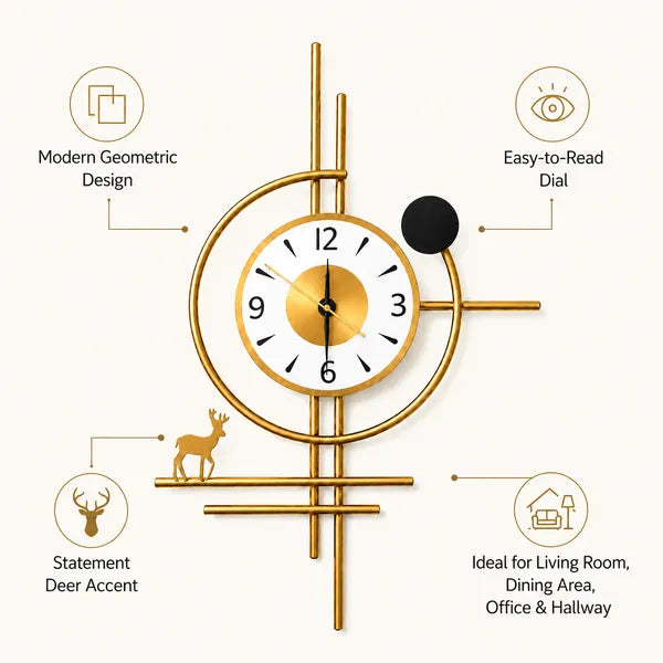 Golden Horizon Deer Metal Wall Clock | Luxury Geometric Wall Decor Clock with Deer Accent | Premium Gold Finish Analog Clock for Living Room, Dining Area, Office & Hallway | 75 x 45 cm