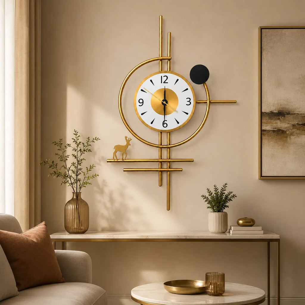 Golden Horizon Deer Metal Wall Clock | Luxury Geometric Wall Decor Clock with Deer Accent | Premium Gold Finish Analog Clock for Living Room, Dining Area, Office & Hallway | 75 x 45 cm