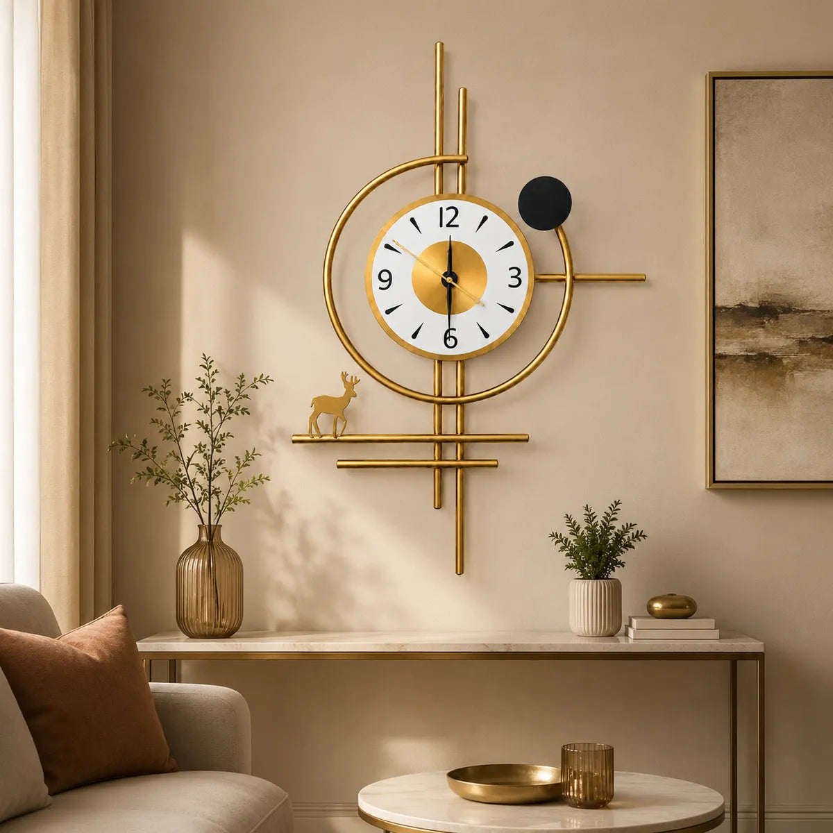 Golden Horizon Deer Metal Wall Clock | Luxury Geometric Wall Decor Clock with Deer Accent | Premium Gold Finish Analog Clock for Living Room, Dining Area, Office & Hallway | 75 x 45 cm