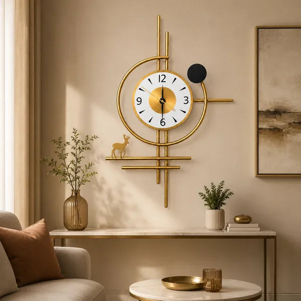 Golden Horizon Deer Metal Wall Clock | Luxury Geometric Wall Decor Clock with Deer Accent | Premium Gold Finish Analog Clock for Living Room, Dining Area, Office & Hallway | 75 x 45 cm