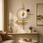 Golden Horizon Deer Metal Wall Clock | Luxury Geometric Wall Decor Clock with Deer Accent | Premium Gold Finish Analog Clock for Living Room, Dining Area, Office & Hallway | 75 x 45 cm