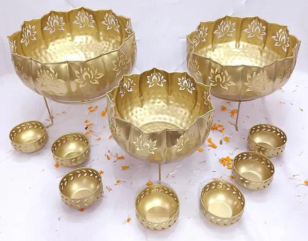 Gold And Black Brass Decorative Bowl Set With Laser Cut Floral Design And Large Bowls And 7 Small Bowls With Stands