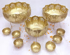 Gold And Black Brass Decorative Bowl Set With Laser Cut Floral Design And Large Bowls And 7 Small Bowls With Stands