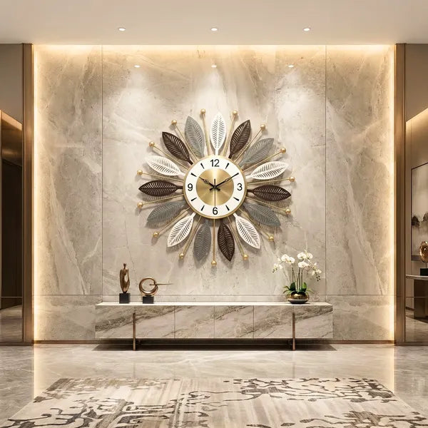 Decorative Sunburst Wall Clock With Multi Tone Leaf Design 60cm