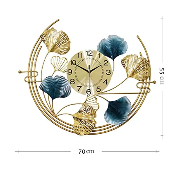 Gold And Blue Luxury Ginkgo Leaf Wall Clock & Metal Art Decor