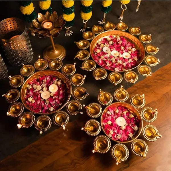 Gold Traditional Brass Diya Set With Flower Bowls For Pooja And Diwali Decoration