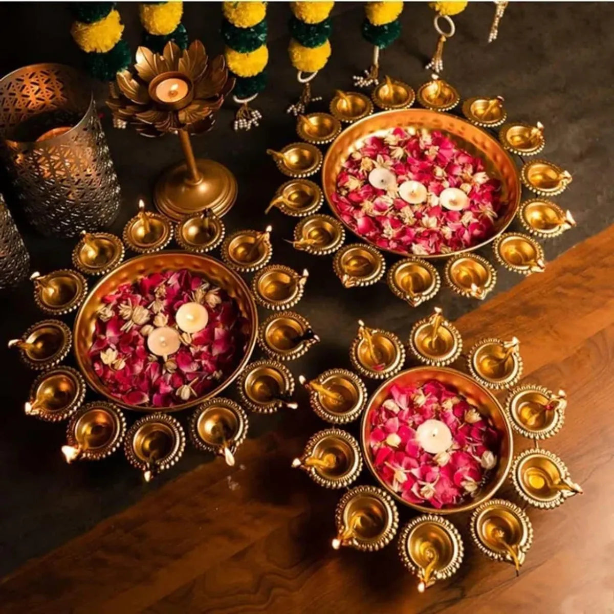 Gold Traditional Brass Diya Set With Flower Bowls For Pooja And Diwali Decoration