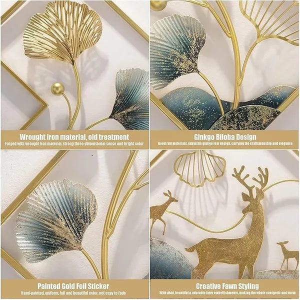 Gold Piece Metal Wall Art Set With Ginkgo Leaves And Deer Diamond Shapedframe Decor